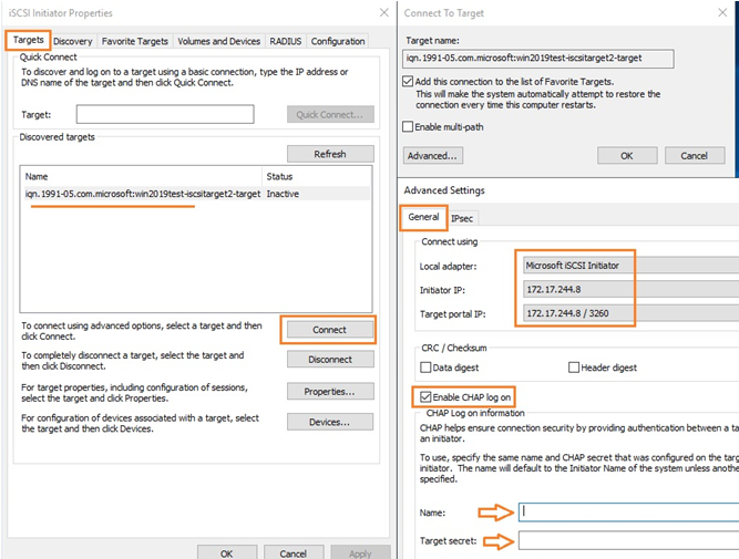 connect iscsi target on windows server initiator