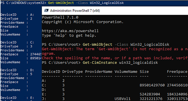 Get-CimInstance win32_logicaldisk on powershell core instead WMI