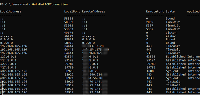 Get-NetTCPConnection cmdlet: list current TCP connections