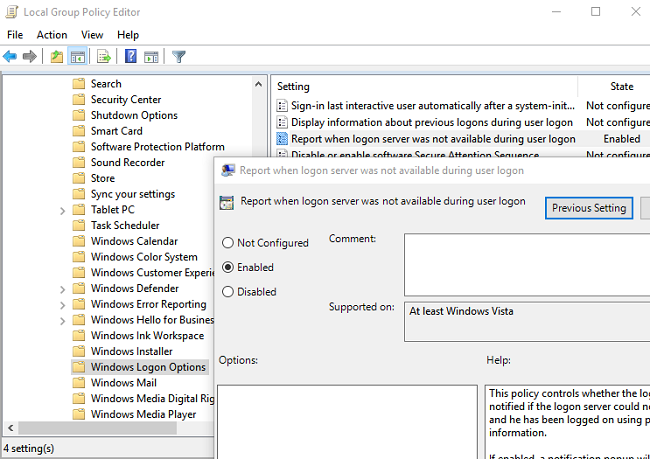 GPO - Report when logon server was not available during user logon 