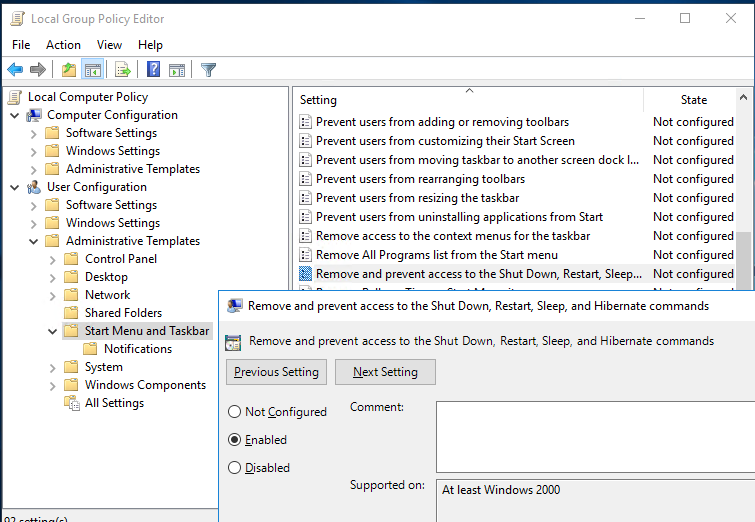 Group Policy: Remove and Prevent Access to the Shut Down, Restart, Sleep, and Hibernate commands - remove Options in Windows 10 Start Menu