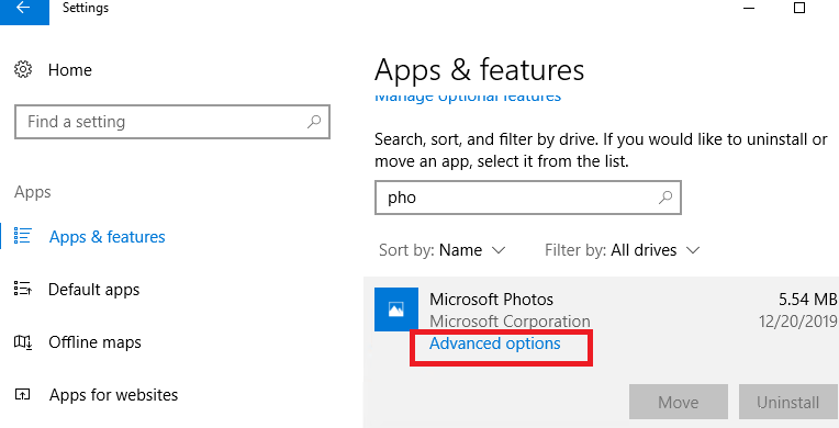 microsoft photos advanced options