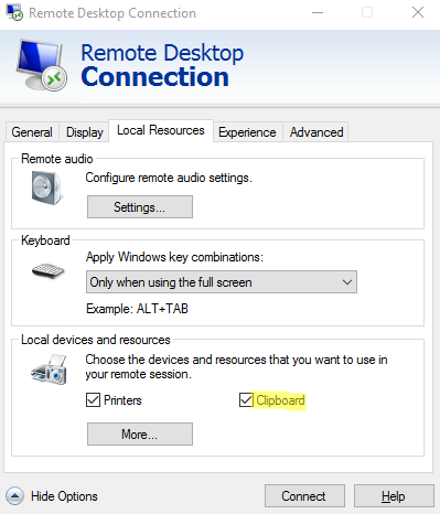 mstsc.exe allow clipboard usage in order to copy and paste in the remote desktop session