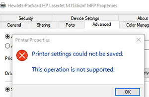 Printer settings could not be saved. This operation is not supported 