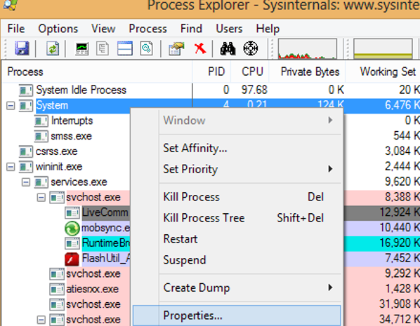 process explorer system process properties