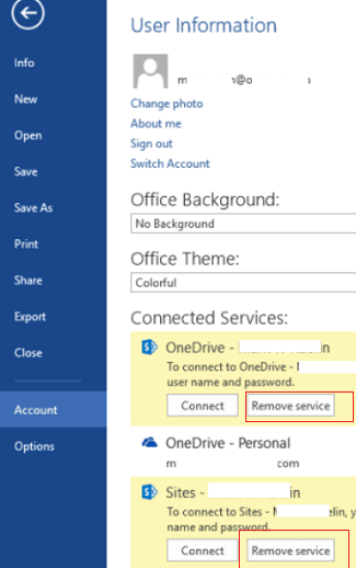 remove connected service account in office 2019