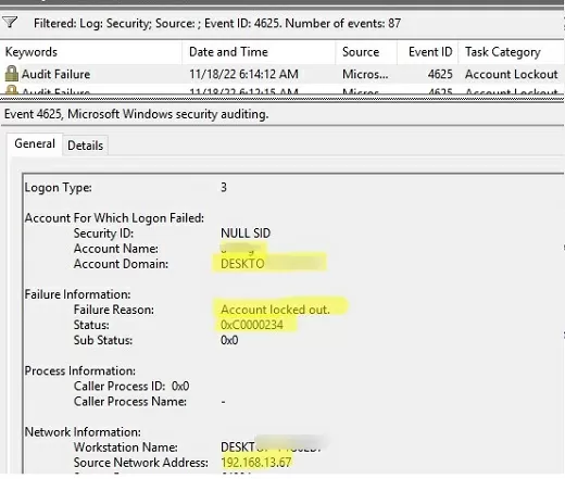 ntlm aurh 4625 event id: find account locked out ip address source