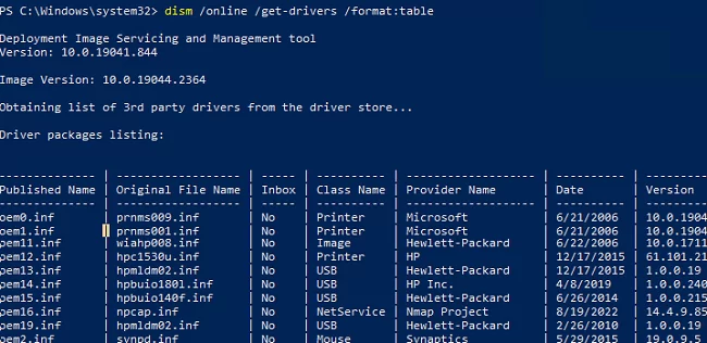 cmd: list installed driver in drivestoreon Windows with DISM