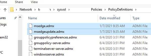 copy edge admx to policydefinitions folder on domain controller