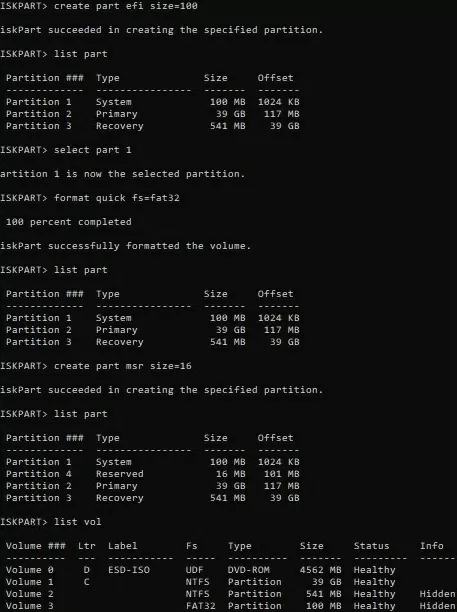 diskpart: create efi partition