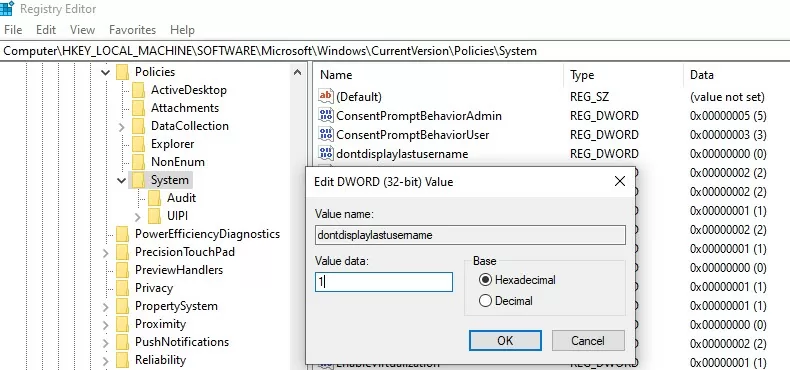 dontdisplaylastusername registry parameter