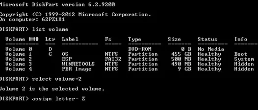 find esp and efi partition using diskpart