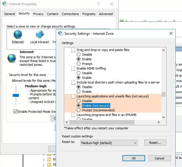 ie security allow to launch applications and unsafe files 