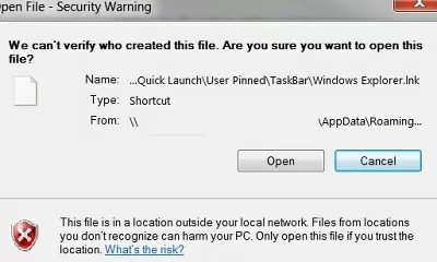 open file security warning when opening shortcut on folders redirected